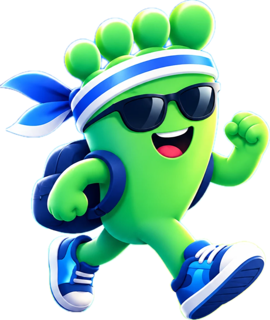 StepsMaxxing's mascot: a cheerful green foot in sunglasses, a headband and blue trainers, mid-stride.